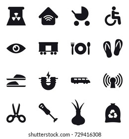 16 vector icon set : nuclear power, wireless home, baby stroller, cafe, flip-flops, slippers, scissors, garbage bag