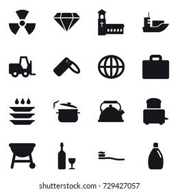 16 vector icon set : nuclear, diamond, church, globe, suitcase iocn, plate washing, steam pan, kettle, wine, tooth brush, cleanser