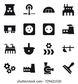 16 vector icon set : nuclear power, laser, hangare, factory, power socket, plow, gears, water pump, scraper