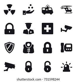 16 vector icon set : nuclear, chamical industry, lock, first aid, surveillance, shield, life vest, locked, intercome