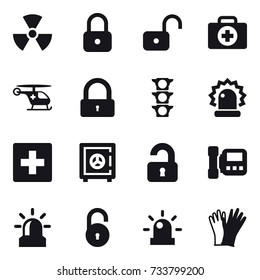 16 vector icon set : nuclear, lock, unlock, first aid, safe, unlocked, intercome, alarm, gloves