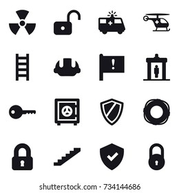 16 vector icon set : nuclear, unlock, stairs, building helmet, detector, key, safe, shield, lifebuoy, locked