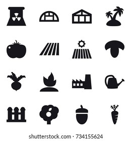 16 vector icon set : nuclear power, greenhouse, island, field, mushroom, beet, sprouting, factory, watering can, grain elevator, garden, acorn, carrot
