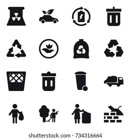 16 vector icon set : nuclear power, eco car, battery charge, bin, ecology, garbage bag, recycling, trash bin, trash truck, trash, garden cleaning, garbage bin, construct garbage