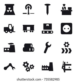 16 vector icon set : nuclear power, laser, nail, power socket, gears, factory, skyscrapers cleaning