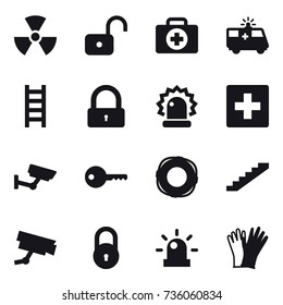 16 vector icon set : nuclear, unlock, stairs, lock, first aid, surveillance, key, lifebuoy, gloves