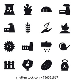 16 vector icon set : nuclear power, flower, hangare, factory, harvest, sprouting, sow, watering can, grain elevator, garden, potato, fertilizer