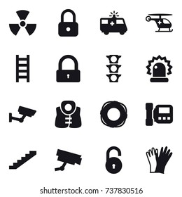 16 vector icon set : nuclear, lock, stairs, surveillance, life vest, lifebuoy, intercome, gloves