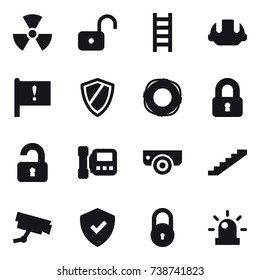 16 vector icon set : nuclear, unlock, stairs, building helmet, shield, lifebuoy, locked, unlocked, intercome, surveillance camera
