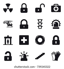 16 vector icon set : nuclear, lock, unlock, detector, first aid, lifebuoy, locked, unlocked, alarm, stairs, gloves