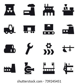 16 vector icon set : nuclear power, factory, plow, water pump, skyscapers cleaning, skyscrapers cleaning