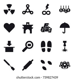 16 vector icon set : nuclear, spinner, infinity power, sale, arch, modern architecture, slippers, spatula, rolling pin, seeds, outsource