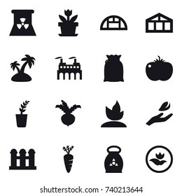 16 vector icon set : nuclear power, flower, greenhouse, island, seedling, beet, sprouting, hand leaf, grain elevator, carrot, fertilizer, ecology