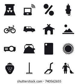 16 vector icon set : nuclear power, notebook wireless, percent, spark plug, bike, bungalow, landscape, kettle, cutting board, strawberry, rake, scoop, brooming
