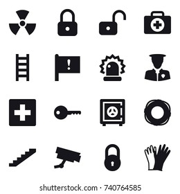 16 vector icon set : nuclear, lock, unlock, stairs, first aid, key, safe, lifebuoy, gloves