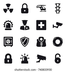 16 vector icon set : nuclear, lock, first aid, surveillance, safe, shield, life vest, lifebuoy, locked, alarm