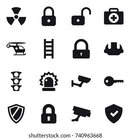 16 vector icon set : nuclear, lock, unlock, stairs, building helmet, surveillance, key, shield, locked