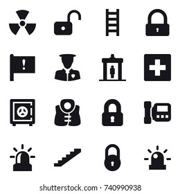 16 vector icon set : nuclear, unlock, stairs, lock, detector, first aid, safe, life vest, locked, intercome, alarm