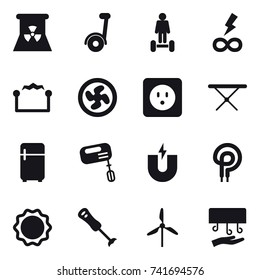 16 vector icon set : nuclear power, segway, hoverboard, infinity power, electrostatic, cooler fan, power socket, iron board, fridge, mixer, windmill, hand dryer