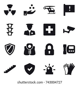 16 vector icon set : nuclear, chamical industry, first aid, surveillance, shield, life vest, locked, intercome, stairs, gloves