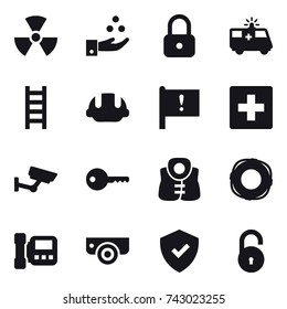 16 vector icon set : nuclear, chamical industry, lock, stairs, building helmet, first aid, surveillance, key, life vest, lifebuoy, intercome, surveillance camera