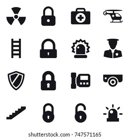 16 vector icon set : nuclear, lock, stairs, shield, locked, intercom, surveillance camera