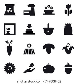 16 vector icon set : nuclear power, factory, flower bed, flower in window, field, mushroom, corn, flower, hand leaf, tomato, acorn