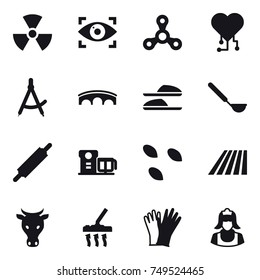 16 vector icon set : nuclear, eye identity, spinner, cardio chip, draw compass, bridge, slippers, ladle, rolling pin, seeds, field, cow, vacuum cleaner, gloves, cleaner