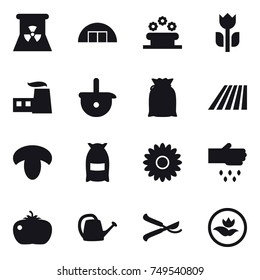 16 vector icon set : nuclear power, hangare, flower bed, field, mushroom, flour, flower, sow, tomato, watering can, pruner, ecology