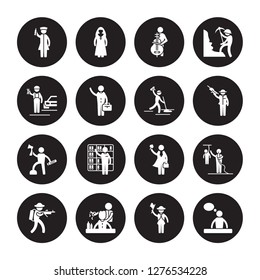 16 vector icon set : Nurse, Guide, Hairdresser, Hunter, journalist, Graphic de, Mechanic, Lumberjack, Maid isolated on black background