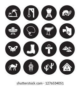 16 vector icon set : Oasis, Desert Tree, Dream Catcher, Dromedary, Dunes, saloon, Mexican Hat, Fennec, Horse saddle isolated on black background