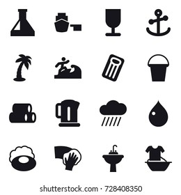 16 vector icon set : palm, surfer, inflatable mattress, bucket, kettle, rain cloud, drop, soap, wiping, water tap sink, handle washing