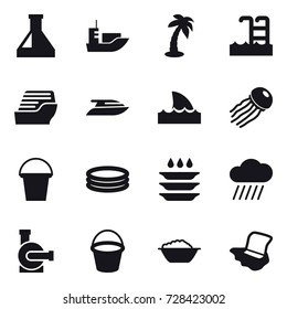 16 vector icon set : palm, pool, cruise ship, yacht, shark flipper, jellyfish, bucket, inflatable pool, plate washing, rain cloud, water pump, foam basin, floor washing