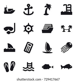 16 vector icon set : palm, pool, diving mask, handwheel, cruise ship, palm hammock, shark flipper, inflatable mattress, windsurfing, jellyfish, flip-flops, fish