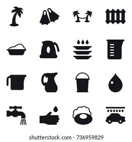 16 vector icon set : palm, flippers, palm hammock, radiator, washing, kettle, plate washing, measuring cup, jug, bucket, drop, water tap, hand drop, soap, car wash