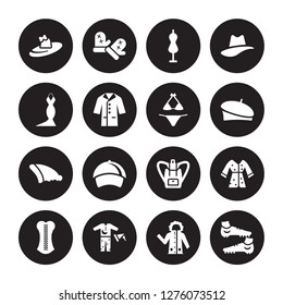 16 vector icon set : Pamela, Parka, Pijama, Corset, Housecoat, Soccer shoe, Dress, Beanie, Bikini isolated on black background