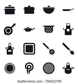 16 vector icon set : pan, cauldron, colander, apron, cutting board, skimmer, big spoon