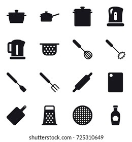 16 vector icon set : pan, saute pan, kettle, colander, whisk, spatula, big fork, rolling pin, cutting board