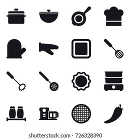 16 vector icon set : pan, cauldron, cook hat, cook glove, cutting board, whisk, skimmer, hot pepper