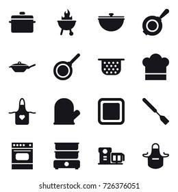 16 vector icon set : pan, bbq, cauldron, colander, cook hat, apron, cook glove, cutting board, spatula