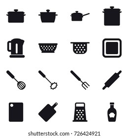 16 vector icon set : pan, saute pan, kettle, kolander, colander, cutting board, whisk, big fork, rolling pin