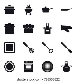 16 vector icon set : pan, bbq, saute pan, chef  hat, apron, cook glove, cutting board, whisk, spatula