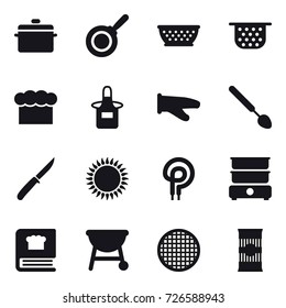 16 vector icon set : pan, kolander, colander, chef  hat, apron, cook glove, big spoon, knife