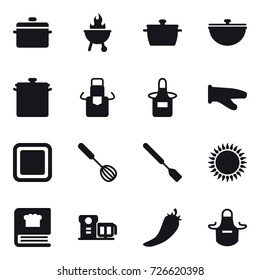 16 vector icon set : pan, bbq, cauldron, apron, cook glove, cutting board, whisk, spatula, hot pepper 16 vector icon set : pan, bbq, cauldron, apron, cook glove, cutting board, whisk, spatula, hot pepper