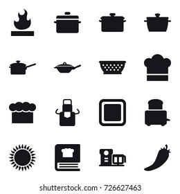 16 vector icon set : pan, saute pan, kolander, cook hat, chef  hat, apron, cutting board, hot pepper