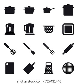 16 vector icon set : pan, saute pan, kettle, colander, cutting board, whisk, spatula, big fork, rolling pin
