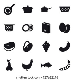 16 vector icon set : pan, saute pan, kolander, colander, grape, eggplant, pear, chicken, fish, peas