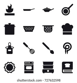 16 vector icon set : pan, kolander, colander, cook hat, apron, whisk, big spoon