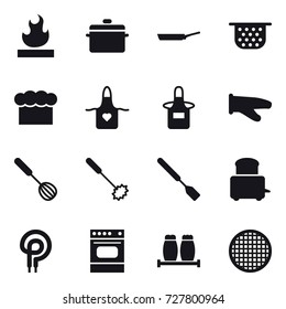 16 vector icon set : pan, colander, chef  hat, apron, cook glove, whisk, spatula