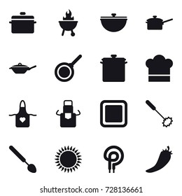 16 vector icon set : pan, bbq, cauldron, saute pan, cook hat, apron, cutting board, whisk, big spoon, hot pepper